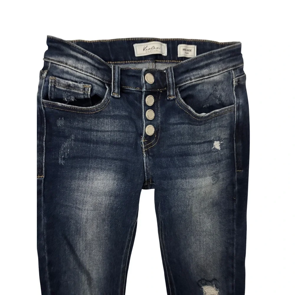 KanCan Jeans Girls Size 12 Mid Rise Flare Dark Wash Distressed Button Fly VBK147